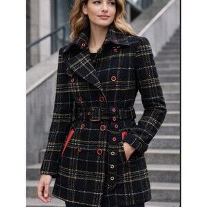 GUESS Plaid Wool Blend Coat Womens XS Belted Trench Style Black Red Lined